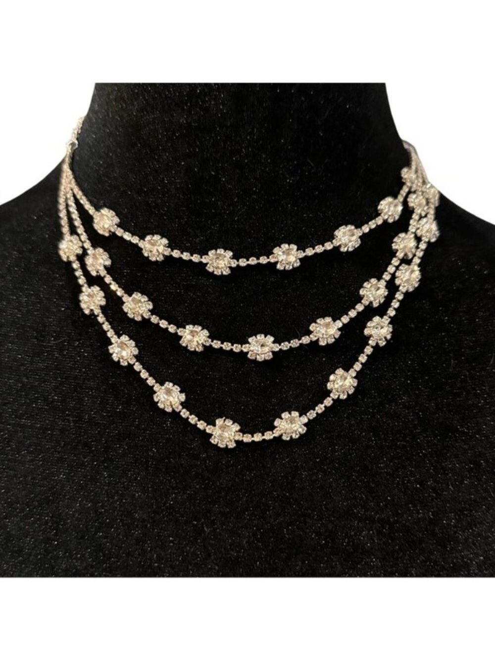 Crystal Triple Strand Necklace Silver Tone Adjustable Length Special Occasion